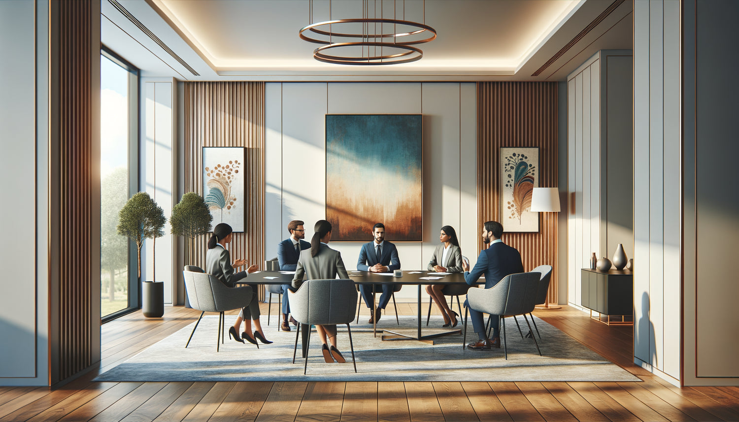 Salle de réunion moderne avec tableau abstrait apaisant créant une atmosphère sereine pour l'équipe professionnelle