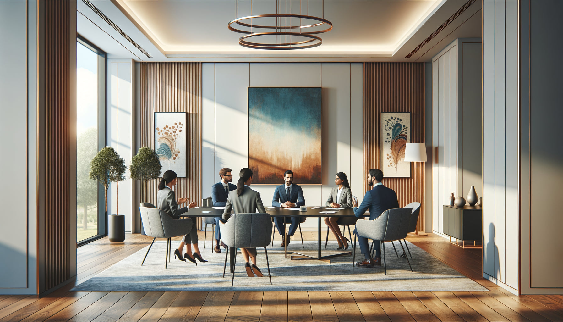 Salle de réunion moderne avec tableau abstrait apaisant créant une atmosphère sereine pour l'équipe professionnelle