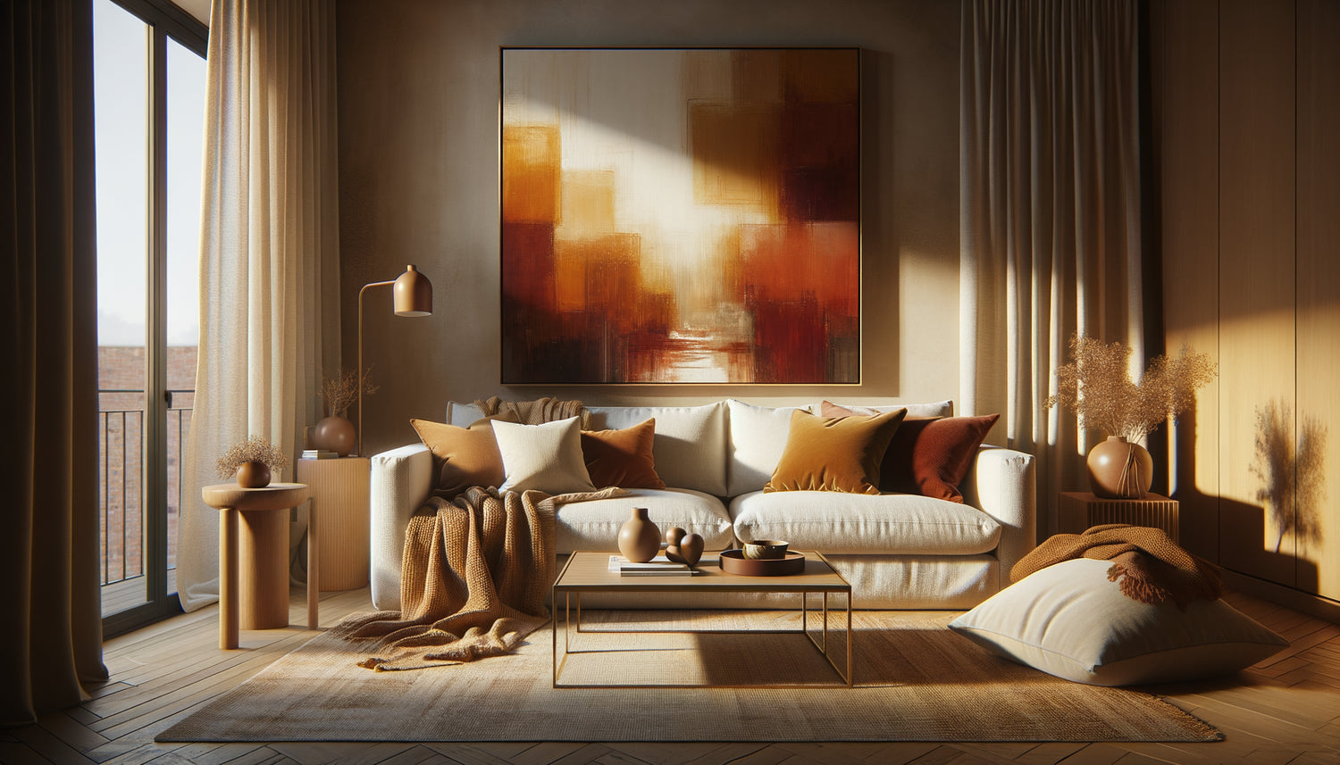 Salon contemporain chaleureux avec tableau aux tons chauds orangés et terracotta au-dessus d'un canapé confortable