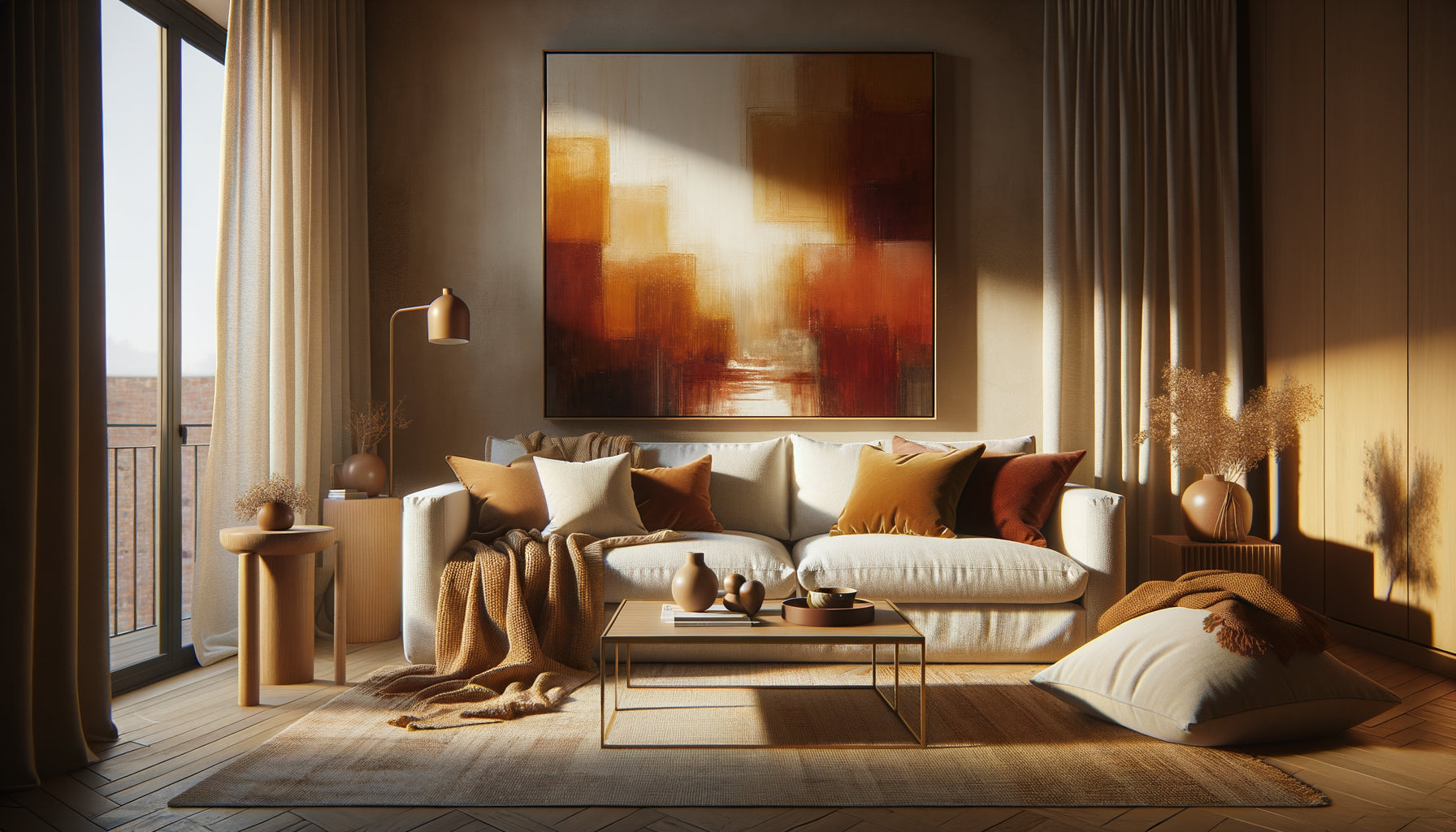 Salon contemporain chaleureux avec tableau aux tons chauds orangés et terracotta au-dessus d'un canapé confortable