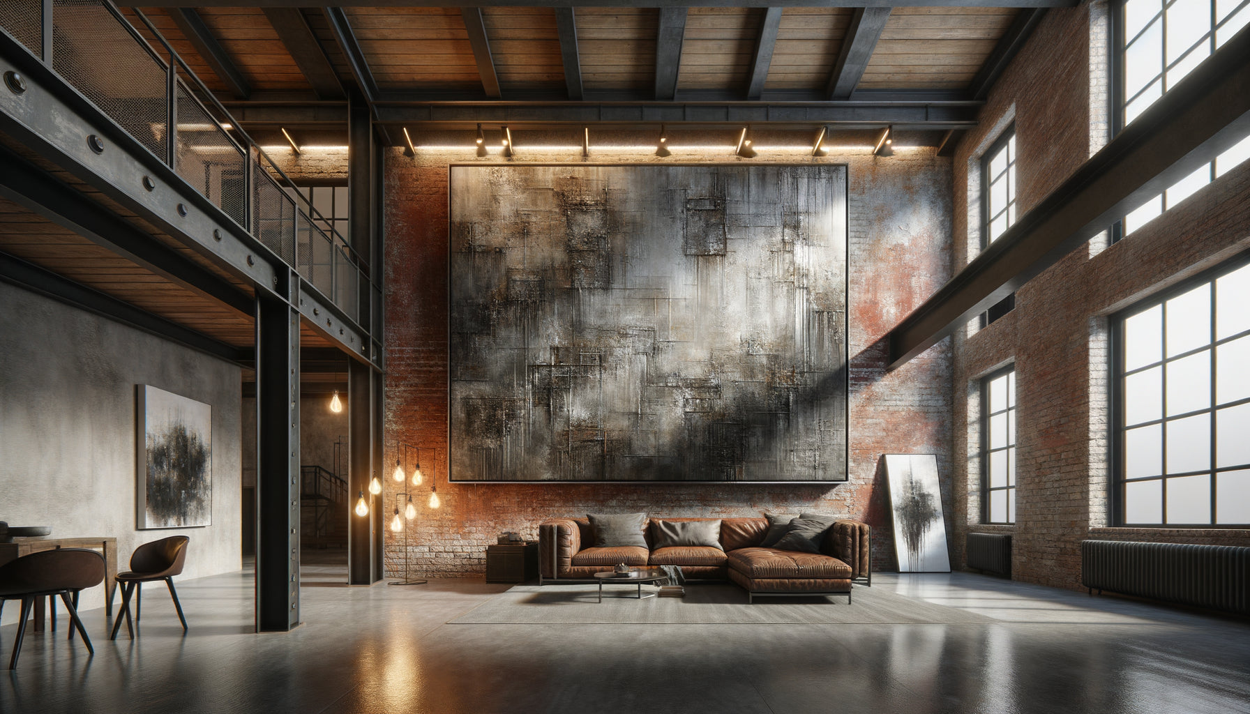 Salon industriel contemporain avec mur de briques exposées et tableau abstrait texturé aux tons béton et métal