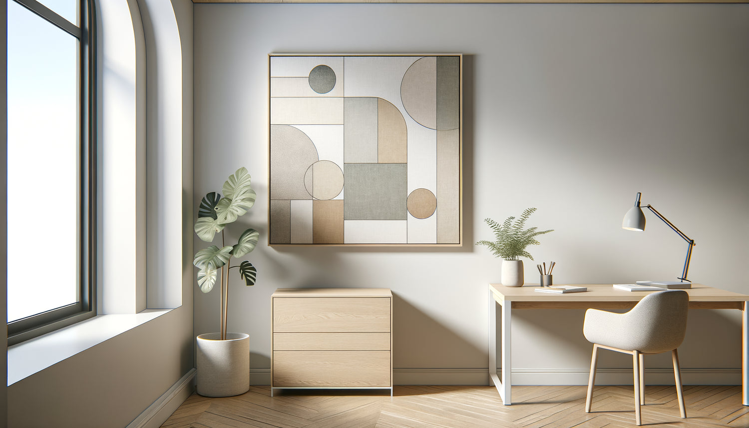 Tableau scandinave minimaliste aux tons neutres dans un cabinet professionnel épuré au design contemporain nordique