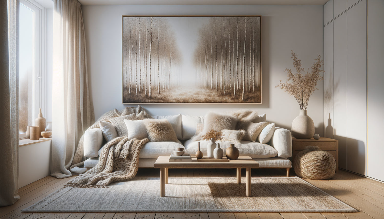 Intérieur Airbnb scandinave hygge avec tableau minimaliste forêt nordique, canapé cosy, textiles naturels