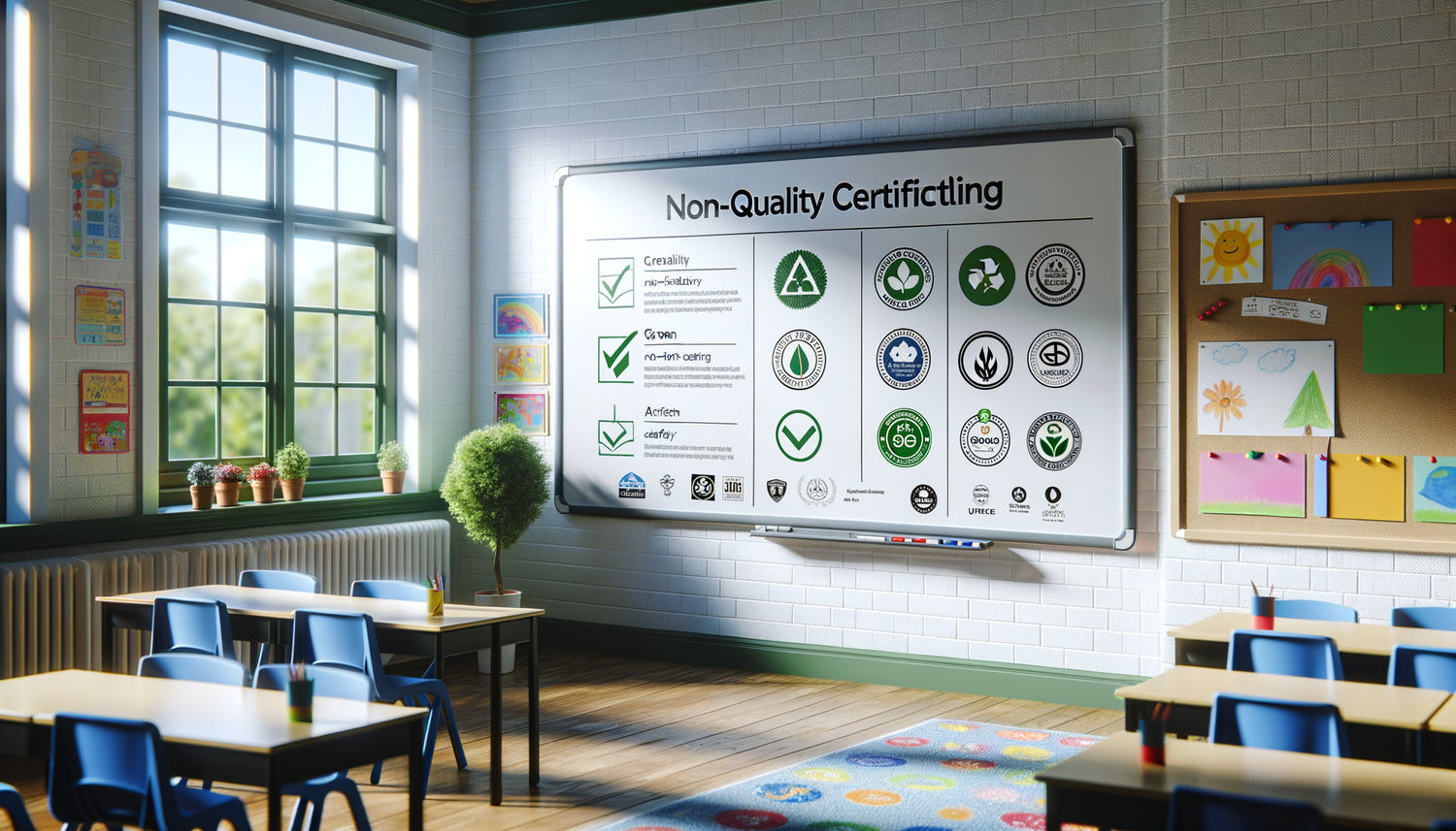 Tableau blanc scolaire moderne avec labels écologiques garantissant l'absence de substances toxiques en classe