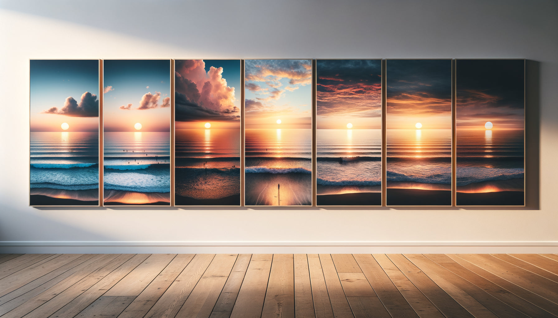 Séquence photographique progressive en quatre panneaux racontant l'évolution d'un coucher de soleil océanique