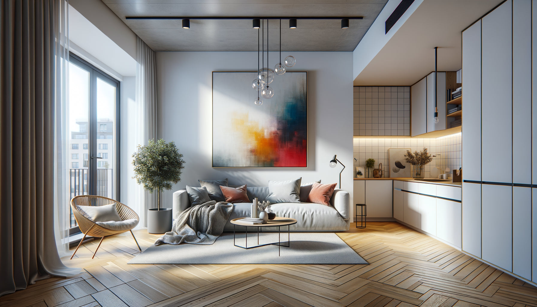 Studio moderne avec tableau signature contemporain comme point focal de l'identité visuelle de l'espace