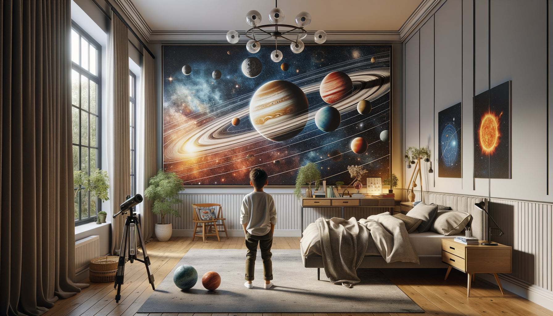 Enfant émerveillé observant un tableau éducatif du système solaire dans sa chambre contemporaine