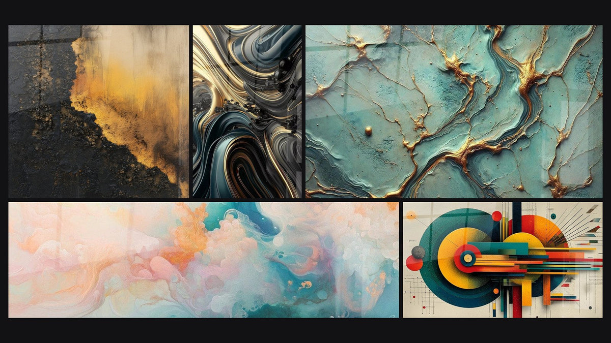 Mosaico de cinco cuadros, entre ellos Ondulaciones Opulentas, Nubes Flotantes Rosado y Ríos de Oro