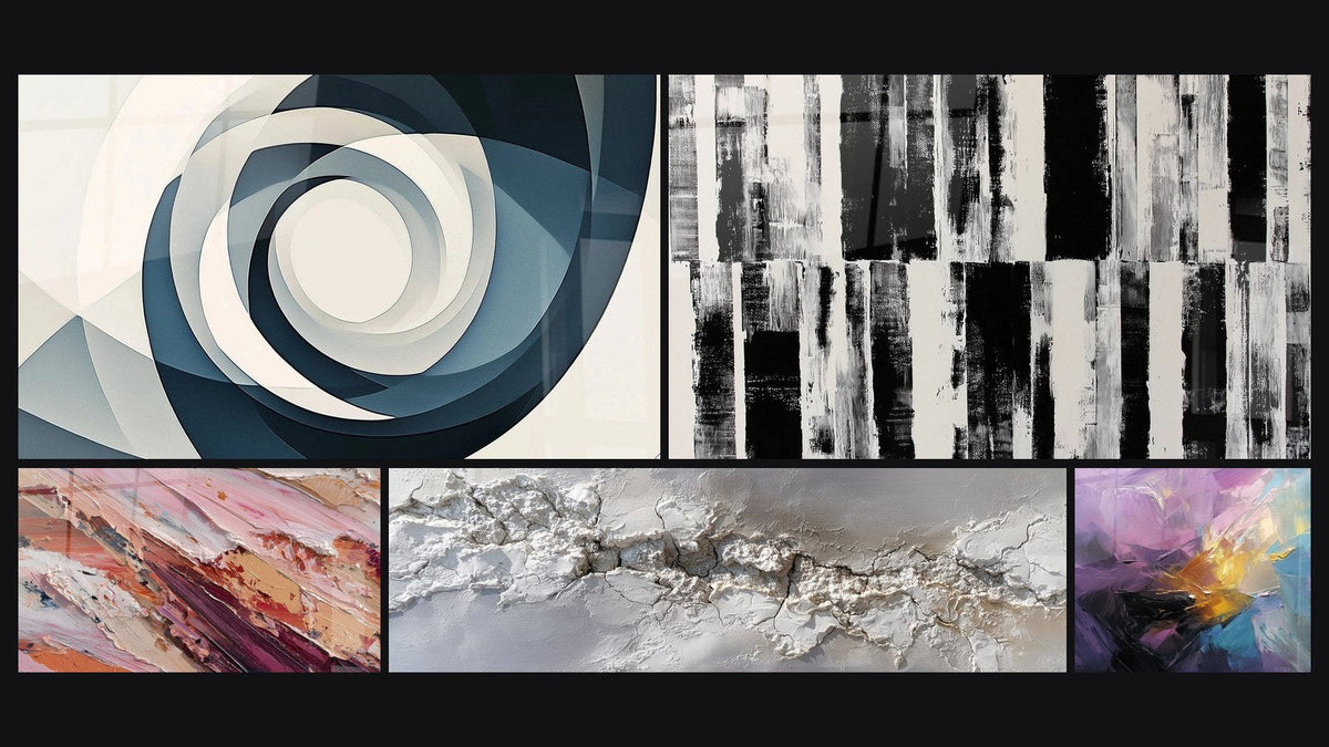 Mosaic of five paintings, including Vortex Azure and Abstract colorful explosion