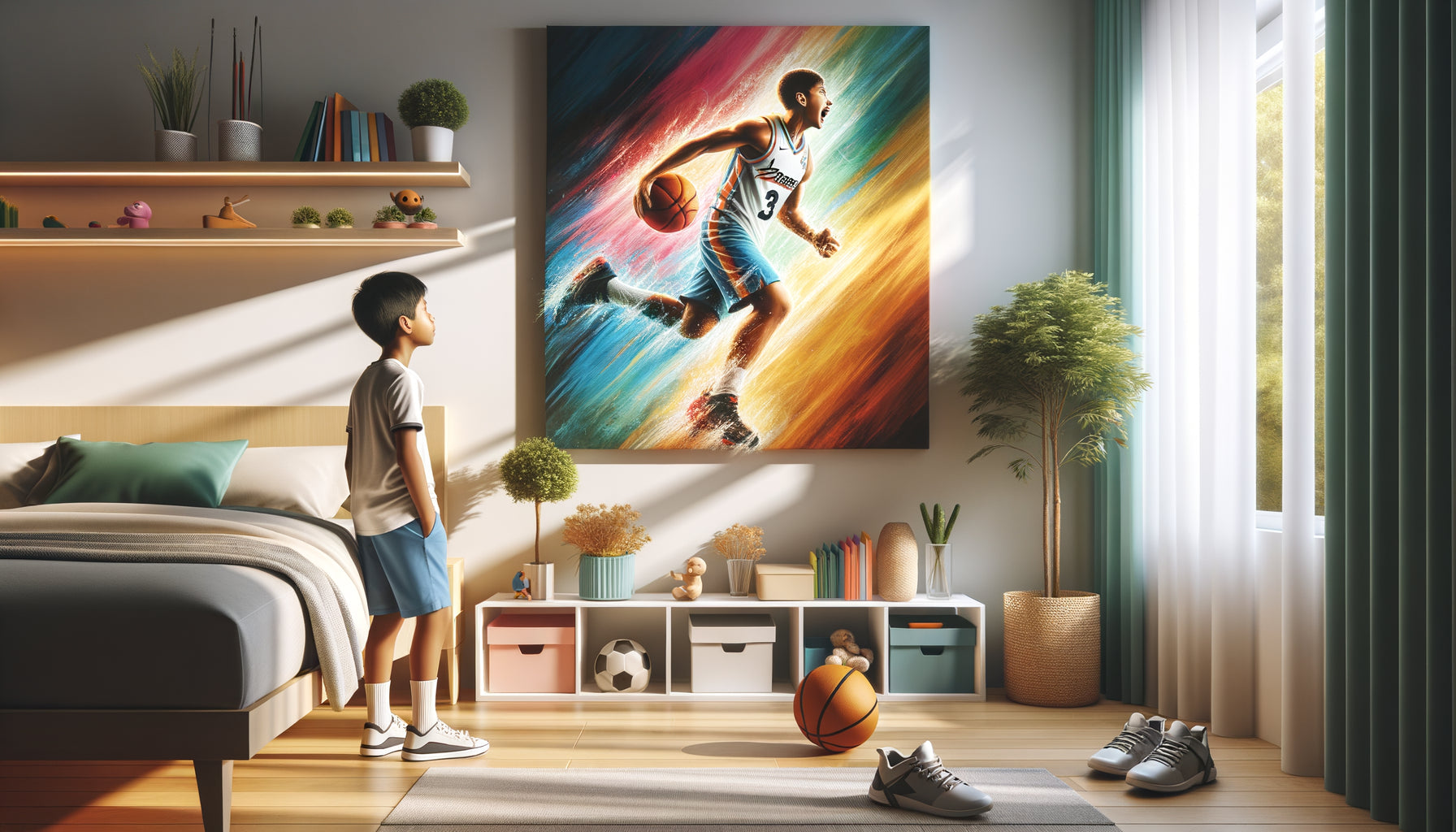 Chambre d'enfant moderne avec tableau de sport inspirant encourageant l'activité physique quotidienne