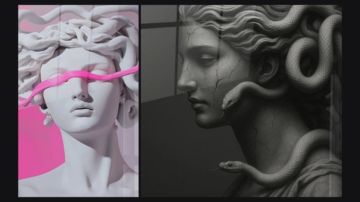 Dos cuadros uno al lado del otro: Diosa Moderna -Edición Estatua y Belleza Estoica -Edición Estatua