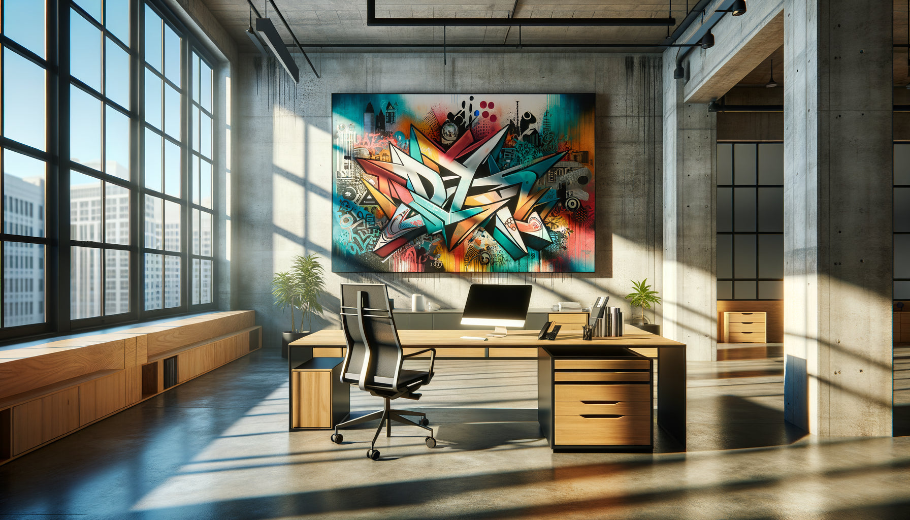 Bureau créatif moderne avec grand tableau street art aux couleurs vives et graphismes urbains contemporains