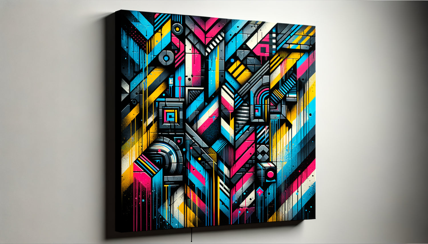 Toile street art contemporain avec technique pochoir et bombe aérosol, couleurs vives et texture urbaine authentique