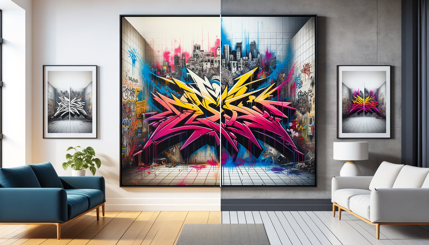 Comparaison d'un tableau street art contemporain présenté sans cadre et avec cadre noir élégant