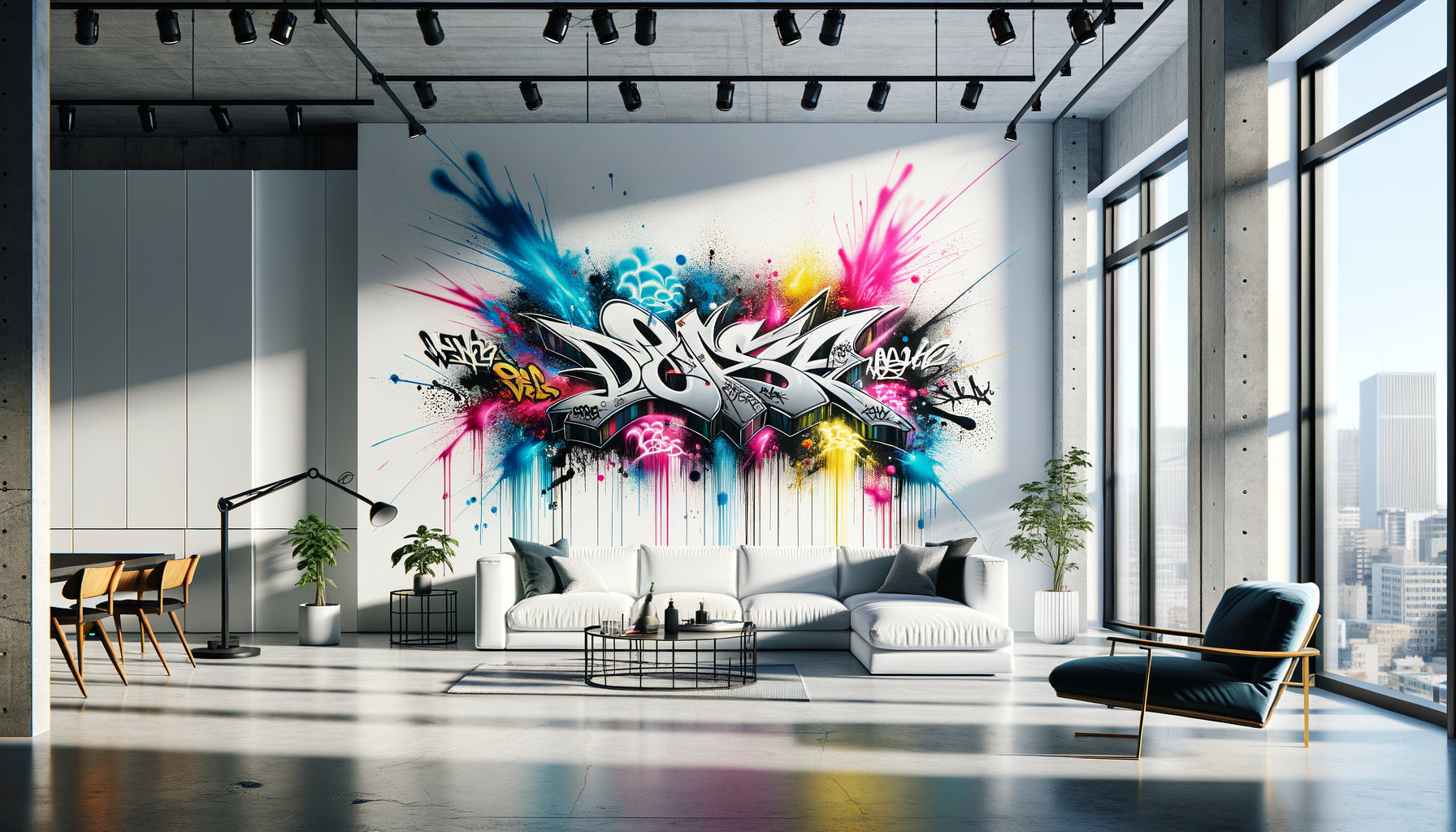 Tableau street art aux couleurs vives et graffitis urbains accroché dans salon moderne minimaliste blanc