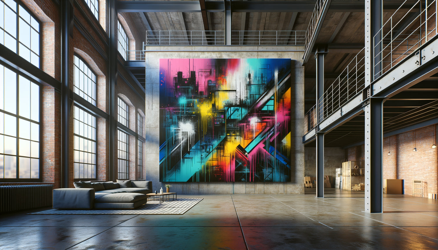 Tableau street art grand format aux couleurs vives sur mur de béton brut dans loft industriel contemporain
