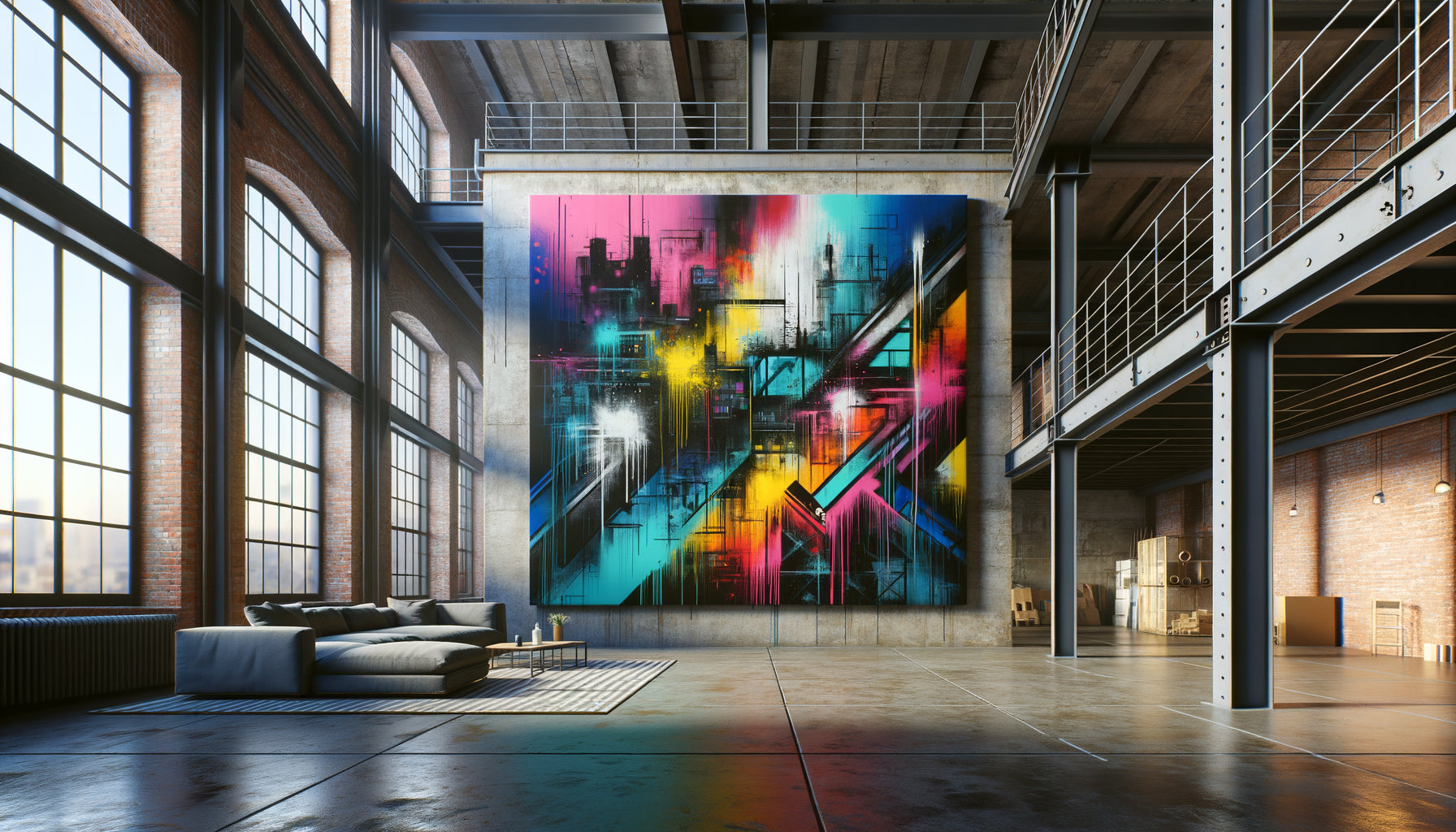 Tableau street art grand format aux couleurs vives sur mur de béton brut dans loft industriel contemporain