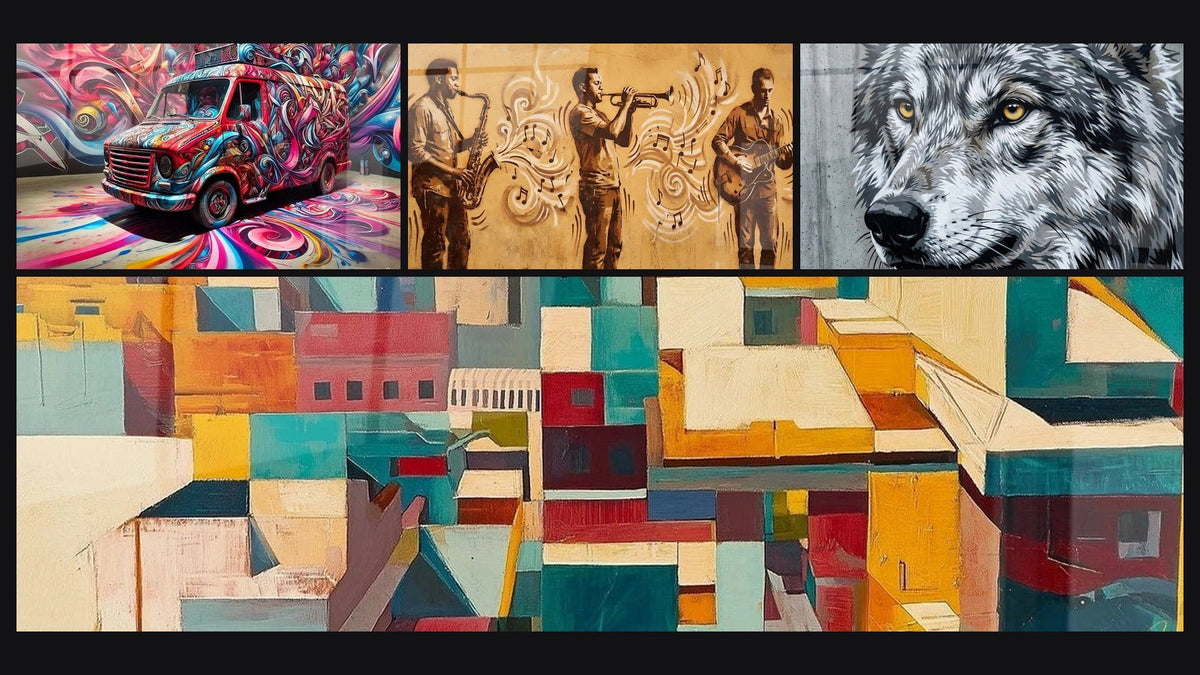 Mosaico di quattro quadri, tra cui Città Cubica
