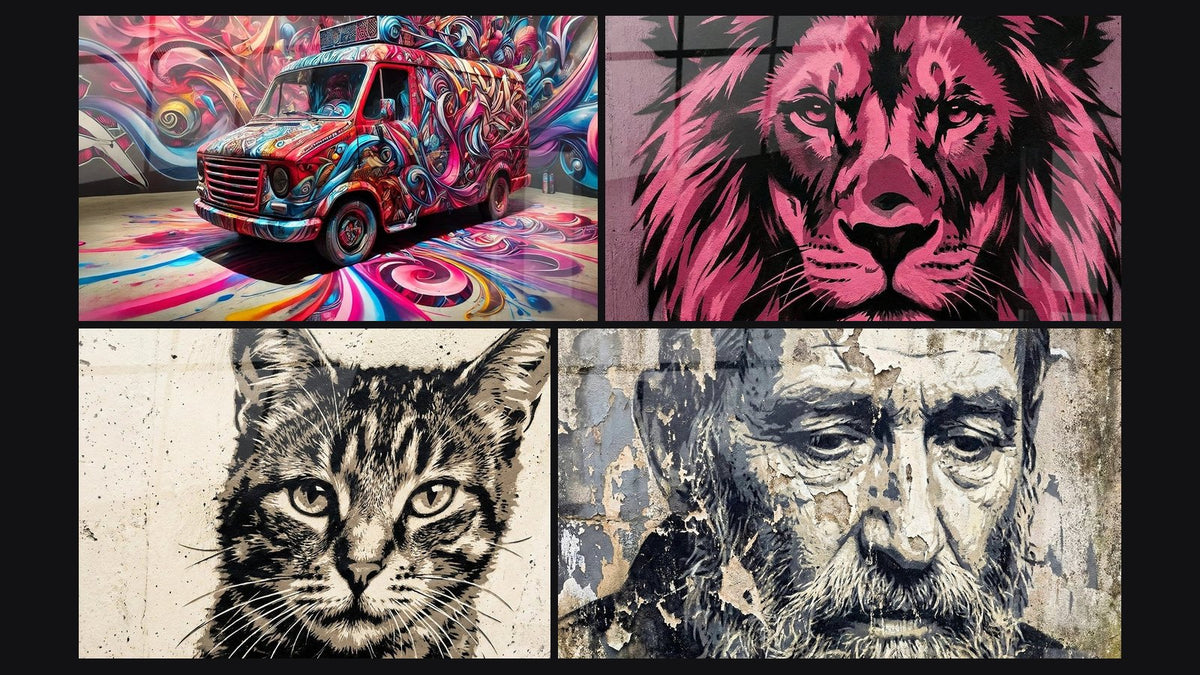 Mosaico di quattro quadri, tra cui Leone rosa fucsia con toni violacei