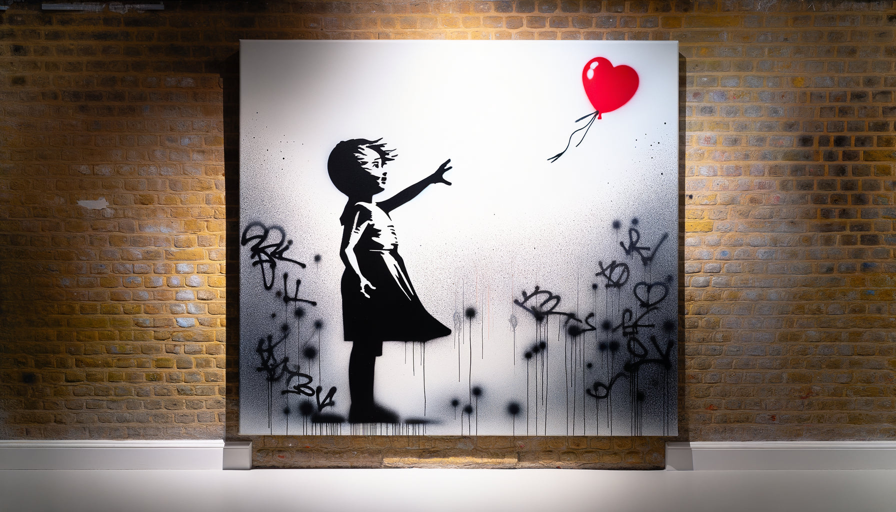 Tableau street art style Banksy avec pochoir noir fillette ballon rouge sur fond urbain contemporain