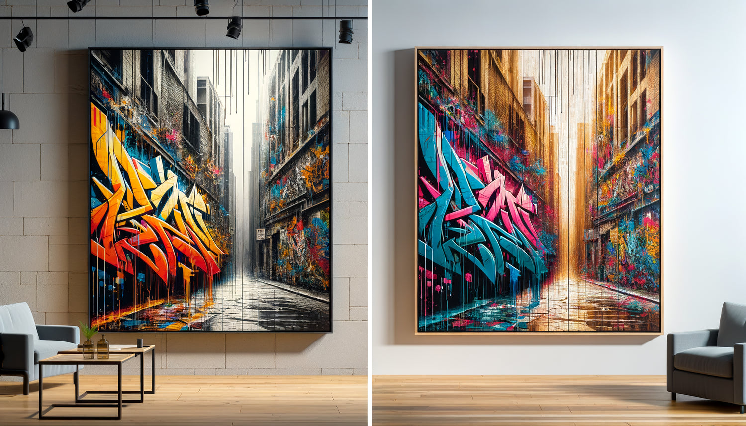 Comparaison visuelle entre tableau street art sur toile légère et sur panneau bois robuste, même œuvre urbaine contemporaine