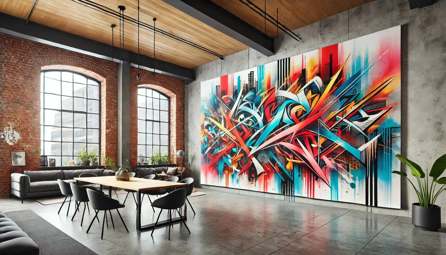 Tableau Street Art XXL aux couleurs vives, représentant une œuvre urbaine abstraite, illustrant l’impact visuel et l’attrait des grandes toiles contemporaines.