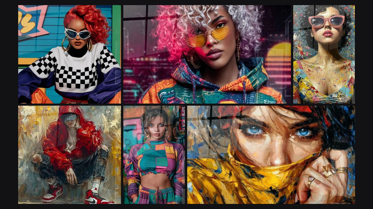 Mozaïek van zes schilderijen, waaronder Urban Pop Art, Wanddecoratie Stedelijke Stijl en Blauwe Ogen