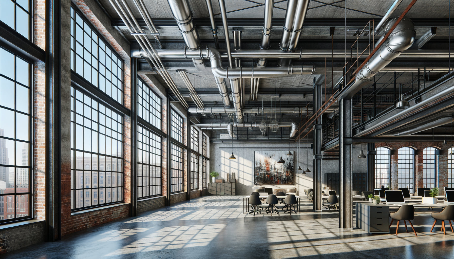 Tableau au style industriel avec textures métalliques brutes sur mur de briques dans un loft rénové professionnel contemporain