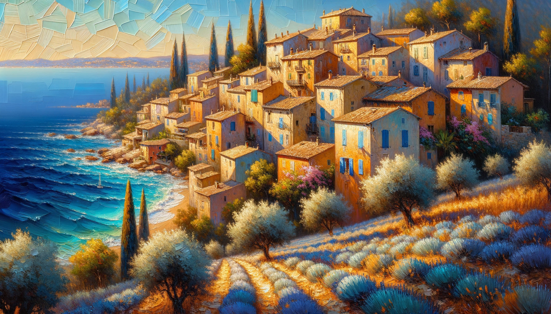 Peinture à l'huile style méditerranéen avec village ocre, mer bleue profonde, oliviers et lumière dorée vibrante