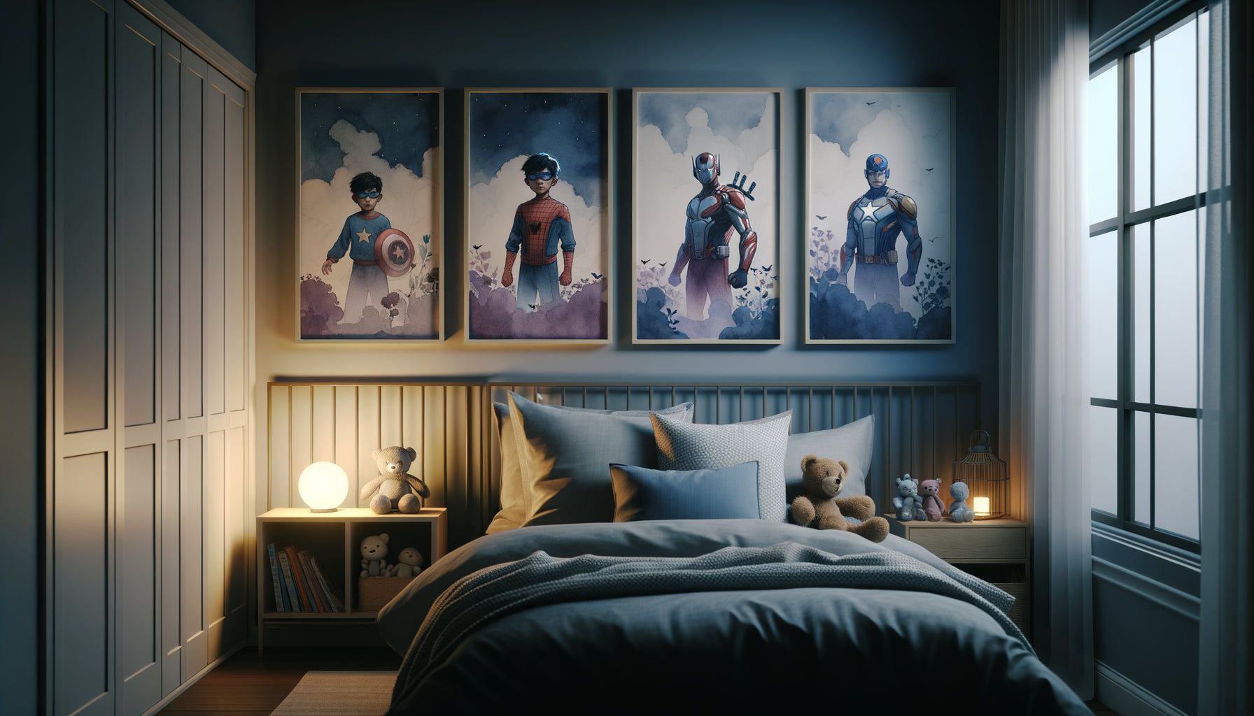 Chambre d'enfant apaisante au crépuscule avec tableau de super-héros aux couleurs douces et postures calmes
