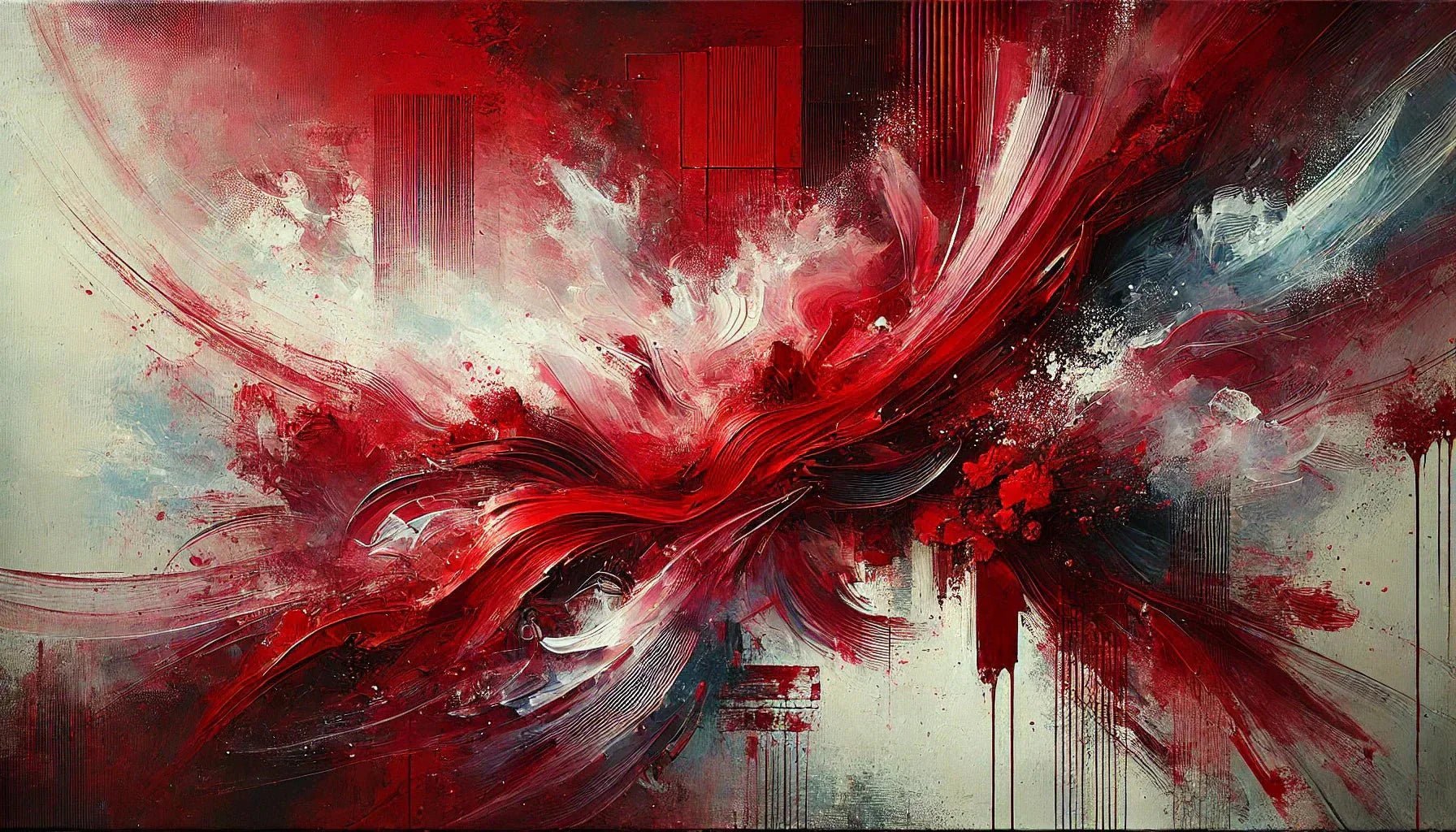 Toile abstraite rouge avec des nuances de carmin et bordeaux, présentant des textures dynamiques et un effet vibrant, idéale pour une décoration murale moderne.