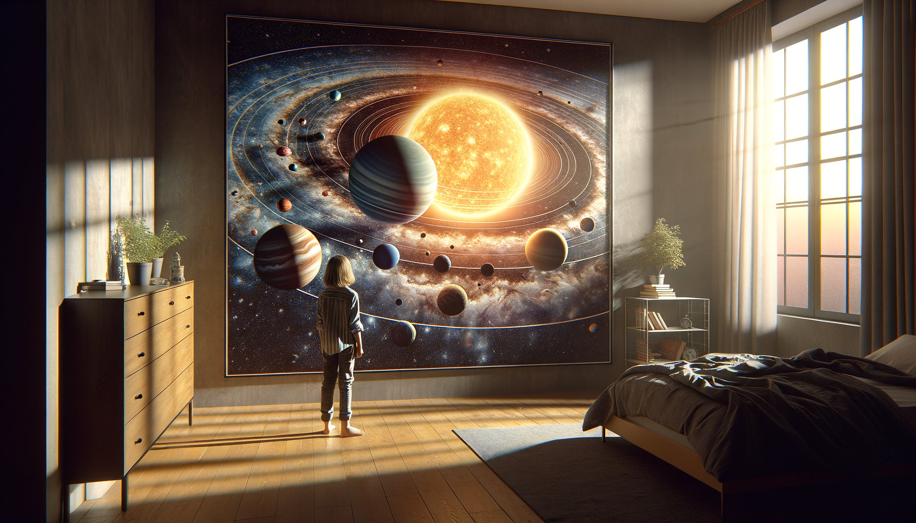 Enfant contemplant un grand tableau éducatif du système solaire accroché au mur, visualisation pédagogique de l'astronomie