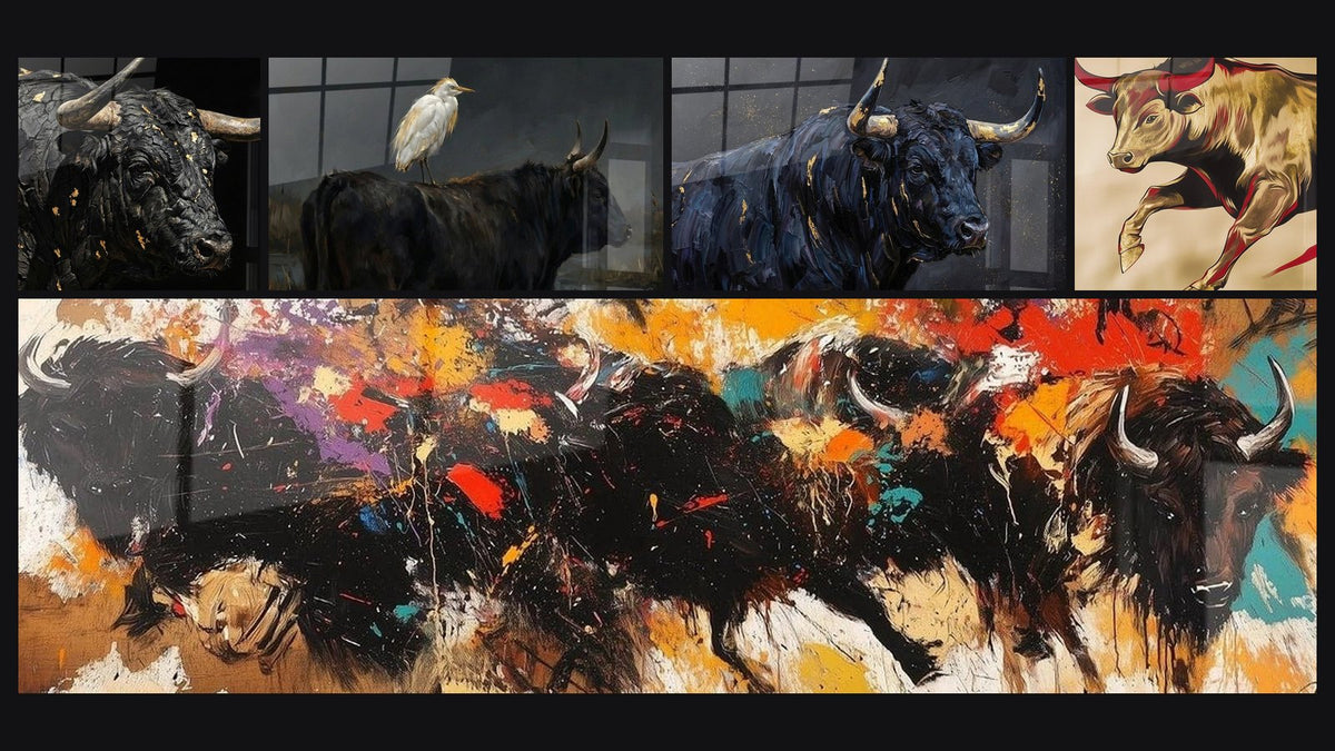 Mosaic of five paintings, including Black Bull, Egret on Bull and Camargue Bull