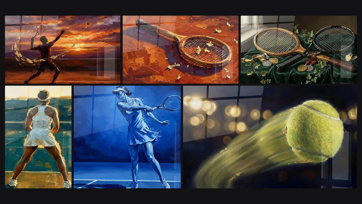 Mosaic of six paintings, including Tennis Sunset, Vintage Tennis Racket and Female Tennis Player