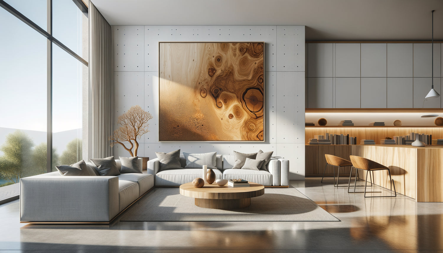 Salon Airbnb contemporain avec tableau texture bois apportant chaleur naturelle à l'espace minimaliste blanc