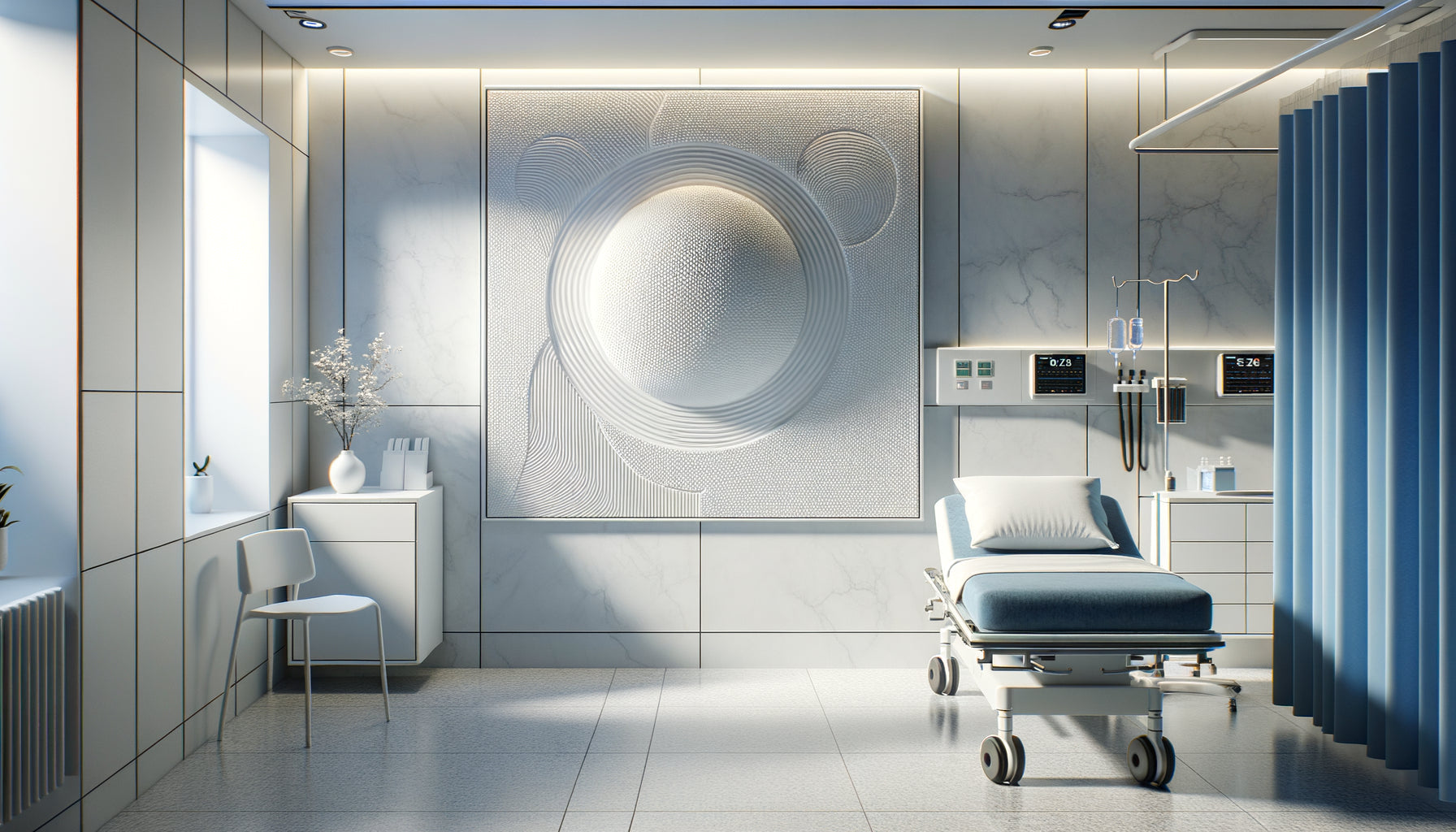 Tableau texturé en relief aux finitions antimicrobiennes installé dans un environnement médical aux normes d'hygiène strictes