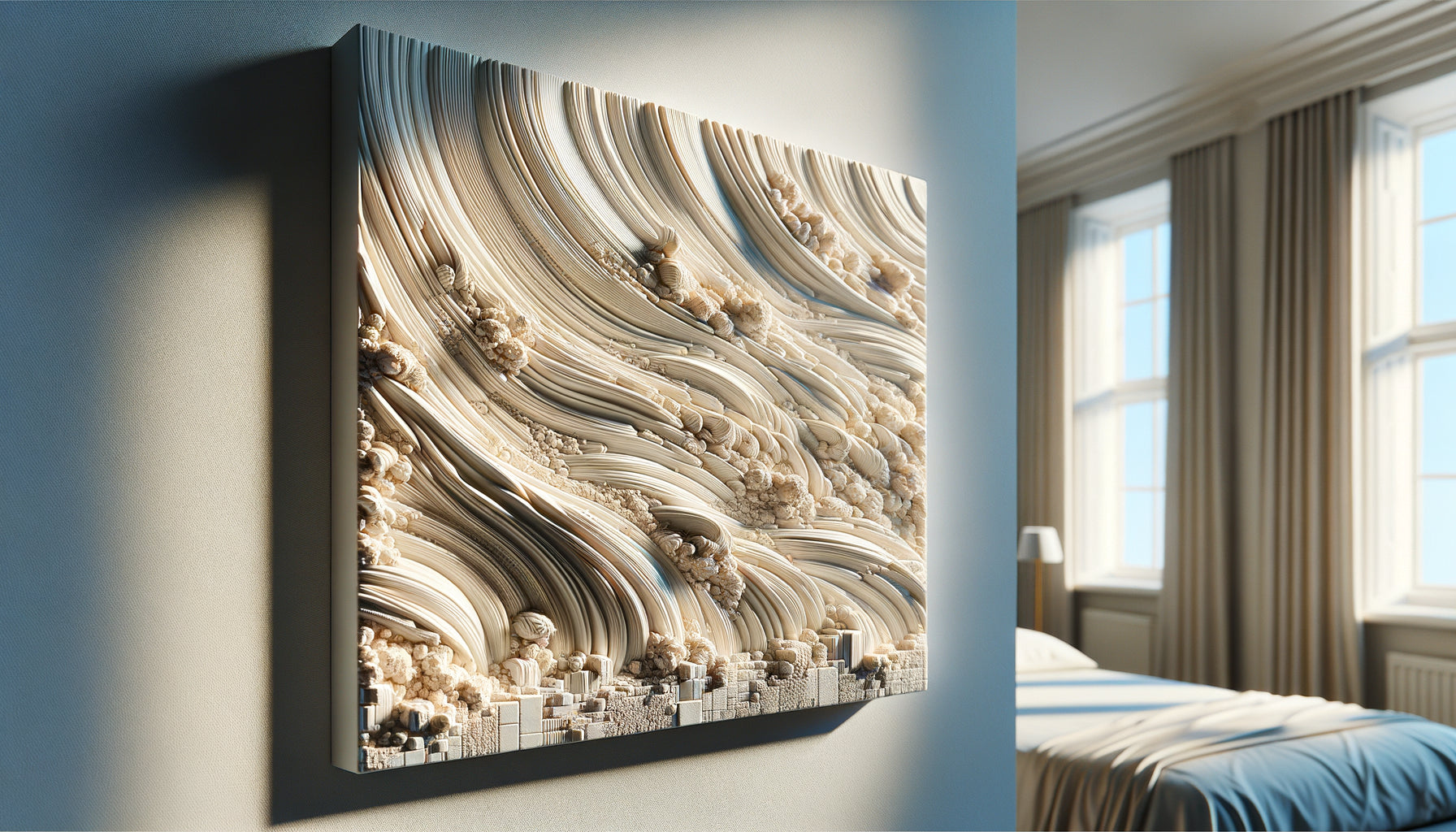 Gros plan d'un tableau contemporain avec texture en relief montrant l'accumulation de poussière dans les creux de la matière