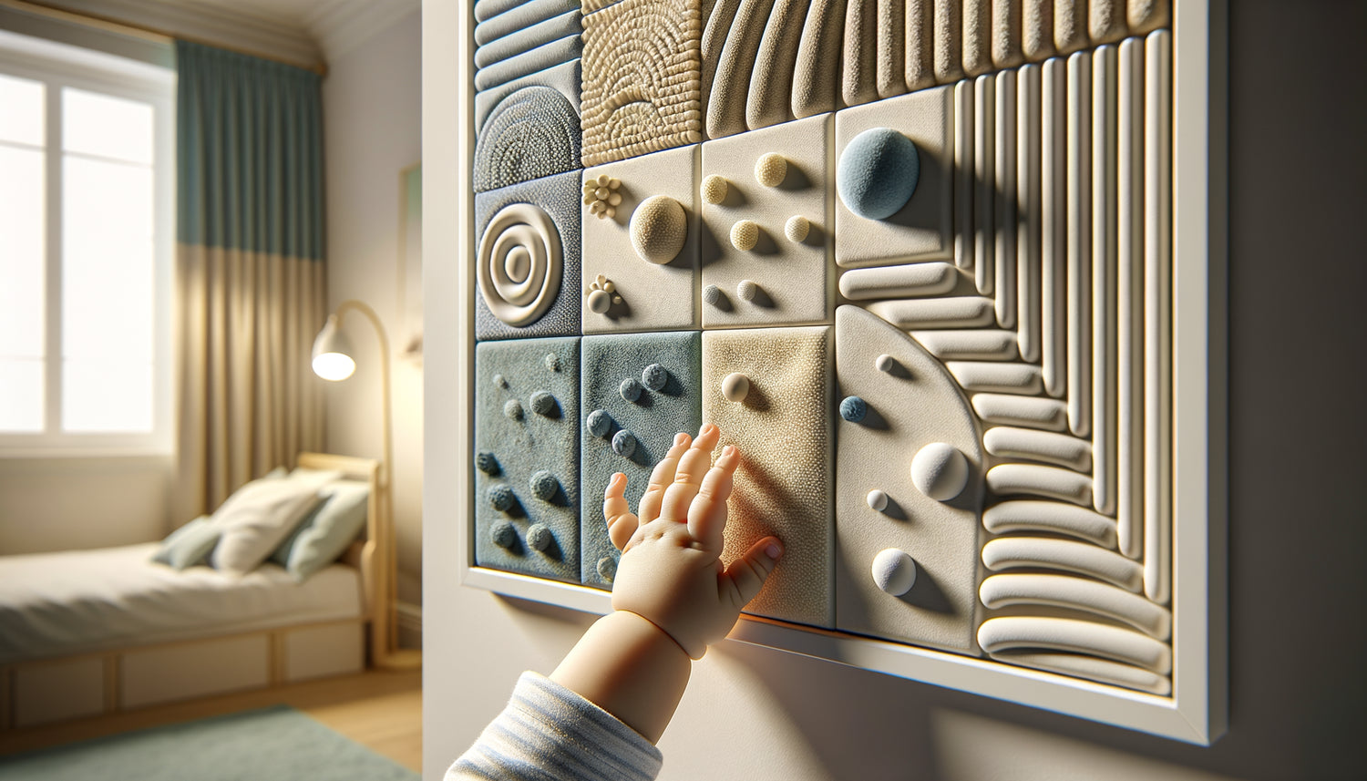 Main de bébé touchant un tableau à textures en relief avec motifs tactiles variés pour stimulation sensorielle