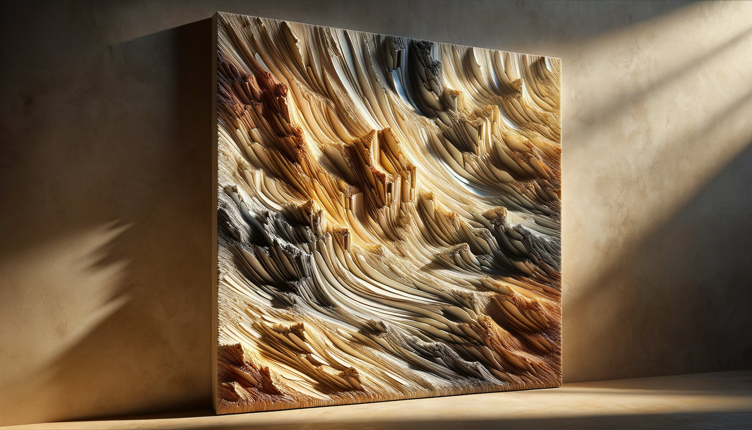 Gros plan sur tableau texturé contemporain avec relief sculptural en pâte épaisse capturant la lumière naturelle