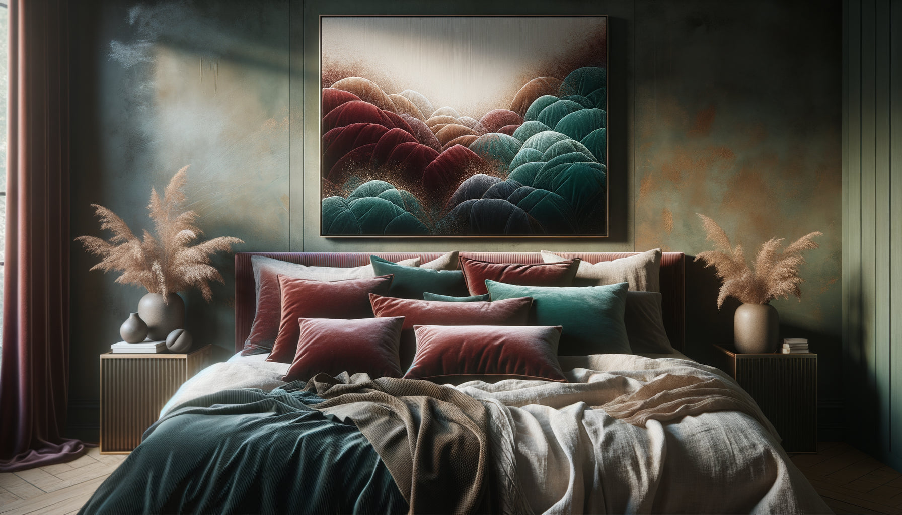 Tableau texture velours bordeaux dans chambre cocooning avec textiles coordonnés et lumière douce absorbée