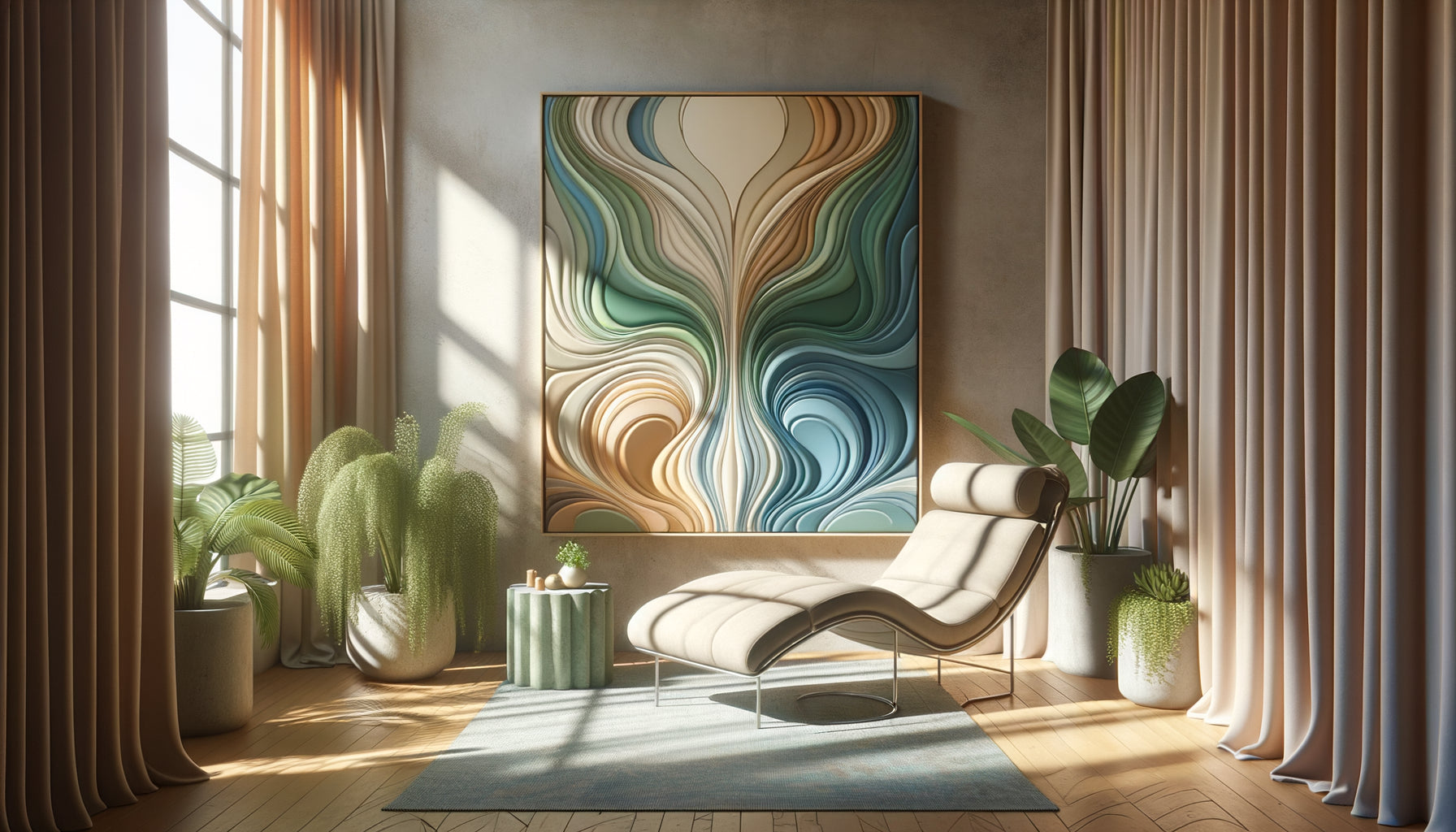 Tableau thérapeutique aux formes organiques apaisantes dans un espace de soin contemporain aux tons naturels