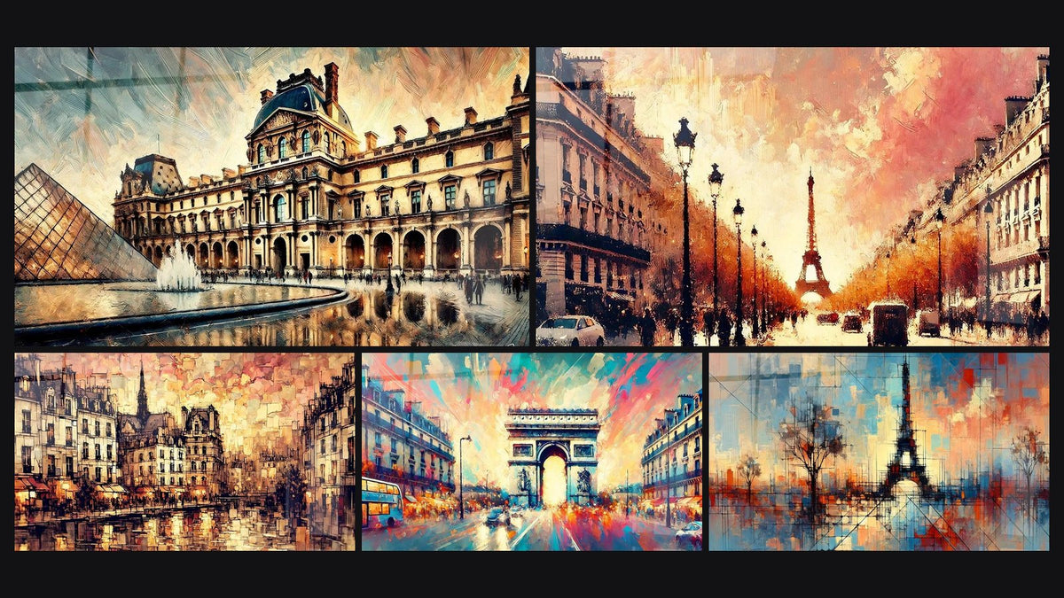 Mosaïque de cinq tableaux, dont Louvre N°4, Champs Elysees N°1 et Quartier Latin N°1