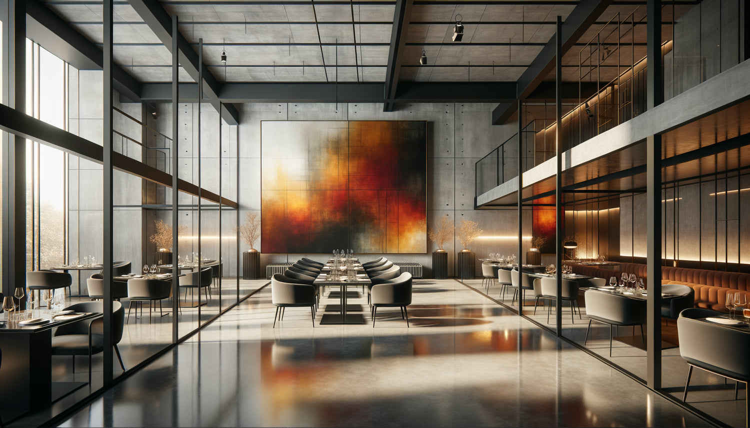 Restaurant contemporain avec grand tableau abstrait aux tons chauds orange et rouge contrastant avec matériaux modernes