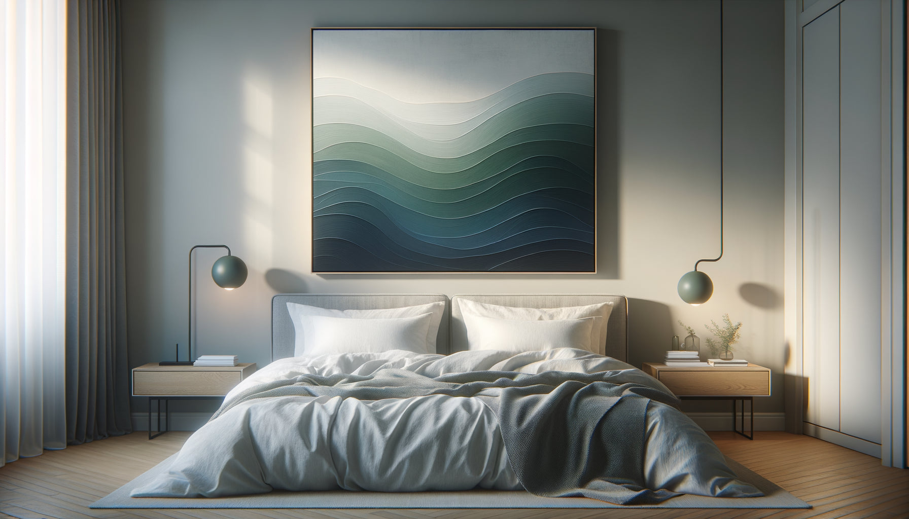 Tableau abstrait aux tons froids bleus et verts dans une chambre moderne favorisant le sommeil