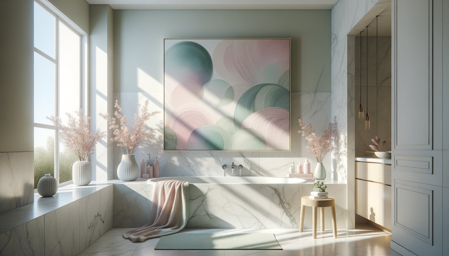 Salle de bain apaisante avec tableau aux tons pastel doux créant une atmosphère intime et sereine