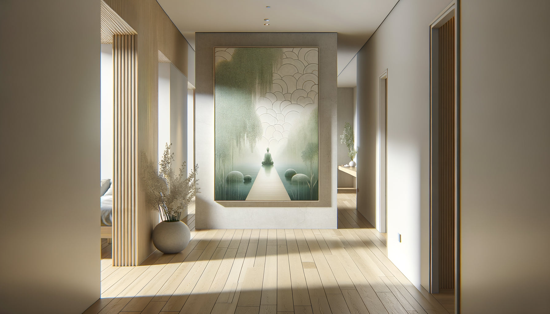 Couloir de transition minimaliste avec tableau apaisant entre vestiaire et salle de pratique, design zen contemporain
