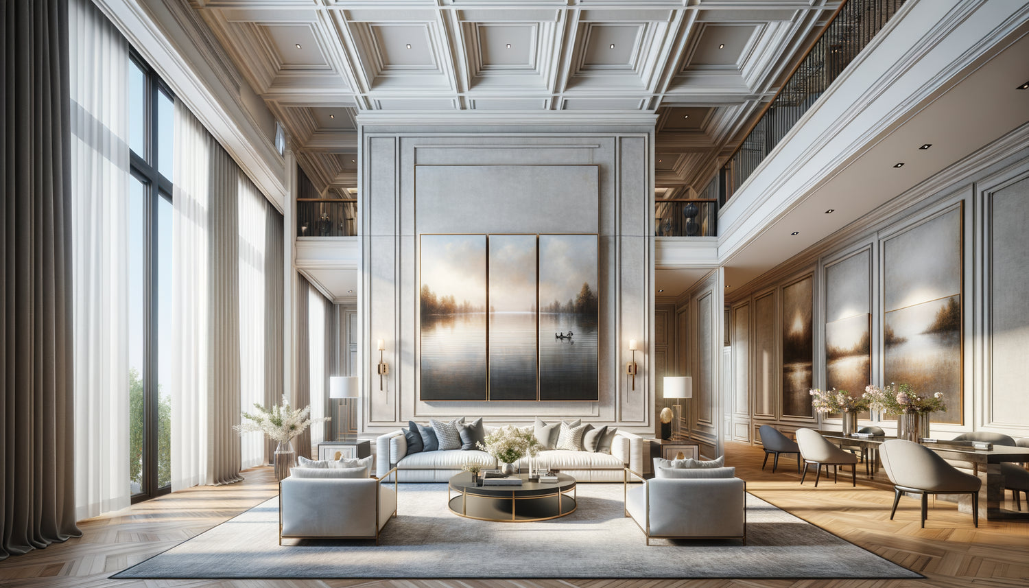 Grand salon contemporain avec tableau triptyque en trois panneaux sur mur principal, espace généreux et élégant