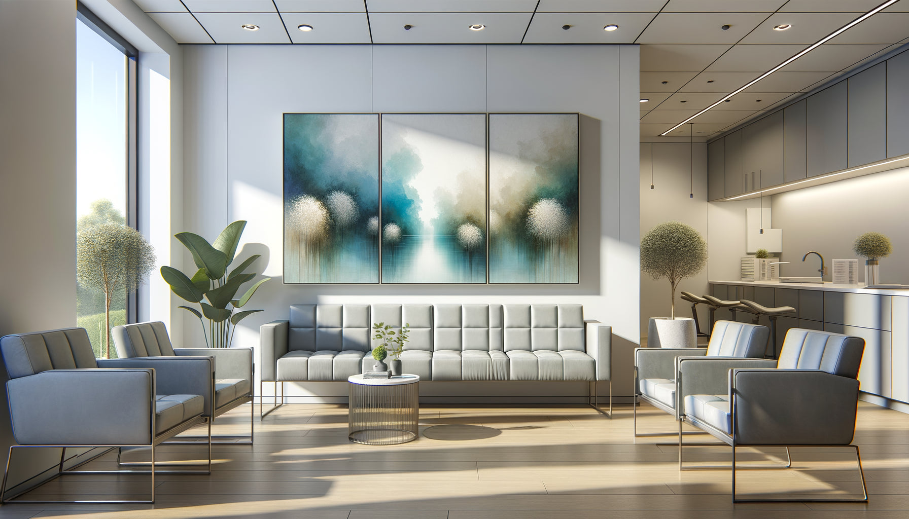 Salle d'attente médicale moderne comparant tableau triptyque et œuvre unique sur murs blancs avec mobilier contemporain