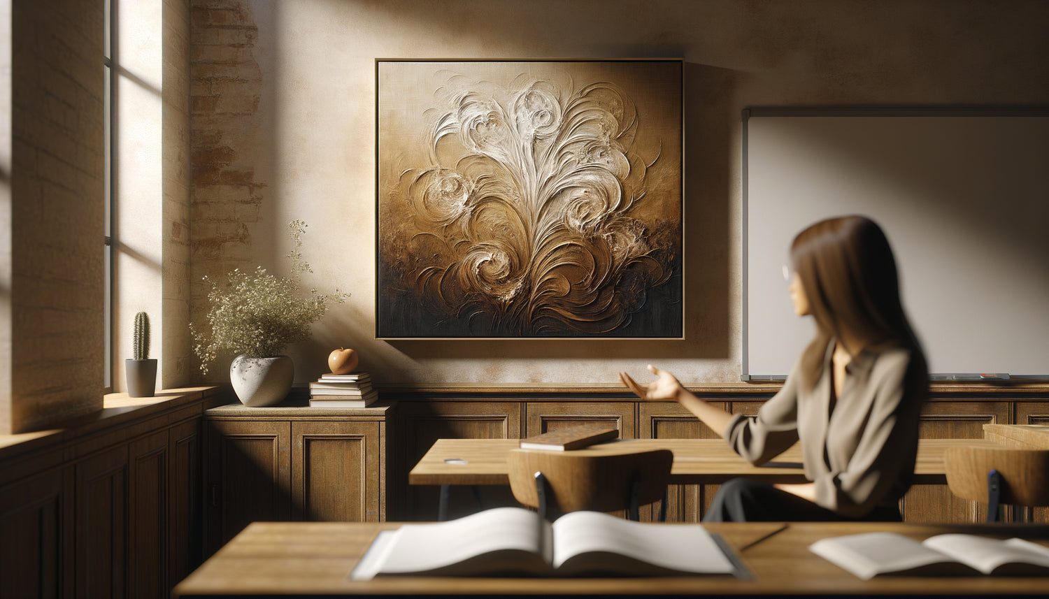 Tableau inspirant dans un espace d'enseignement, symbolisant la cohérence entre œuvre d'art et philosophie pédagogique