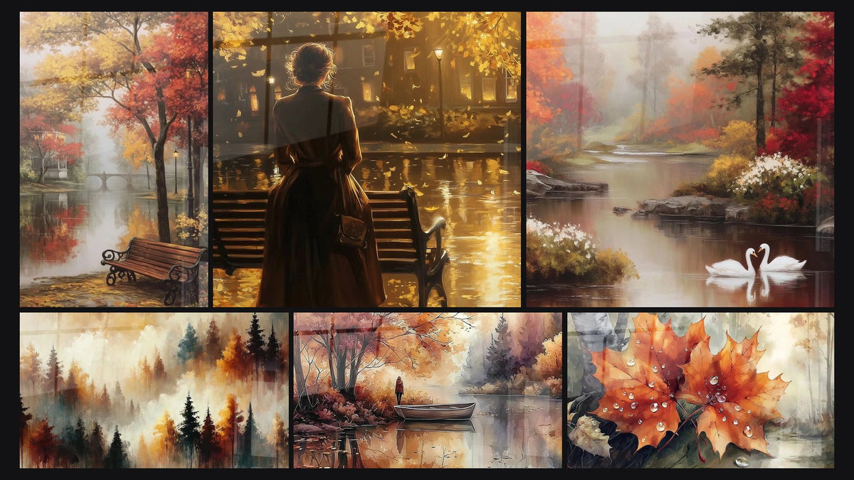 Mosaïque de six tableaux, dont Paysage Banc Solitaire, Femme saison passagère et Nature en Couleurs